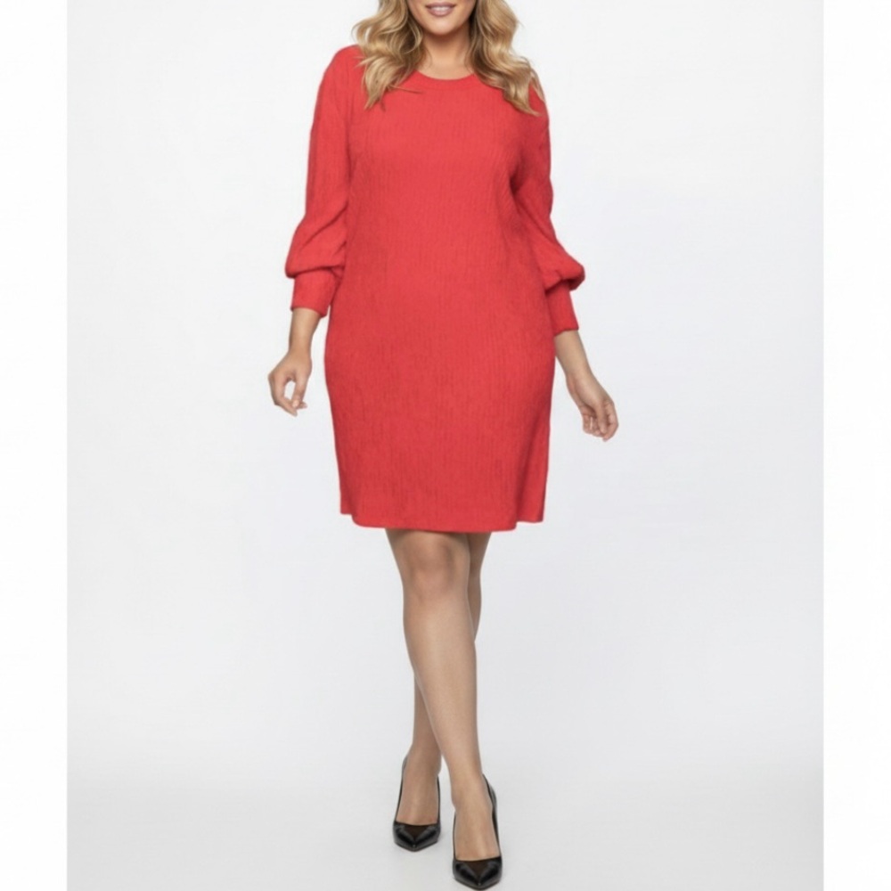 Eloquii Holiday Party Puff Sleeve Textured Ribbed Red Shift Knit Dress Sz 20 2X